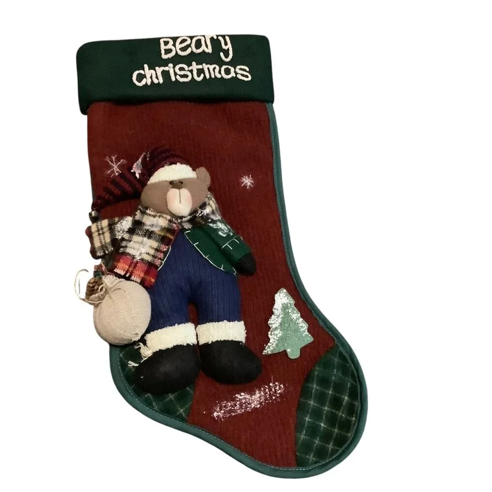 Vtg Beary Christmas Stocking 3D Bear‎ Plush Applique 18” Santas Best Red Green